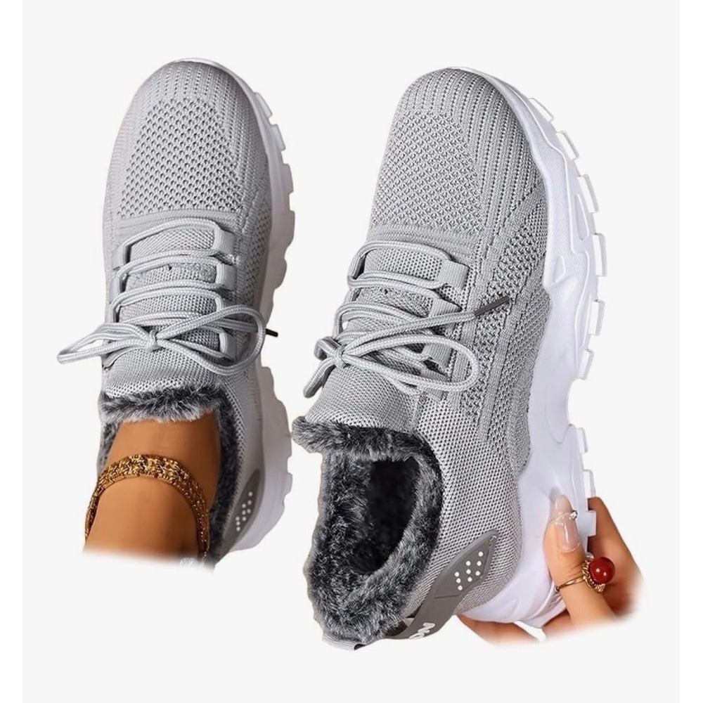 Womens Grey Knit Faux Fur Lined Sneakers Lace Up Chunky Platform Shoes